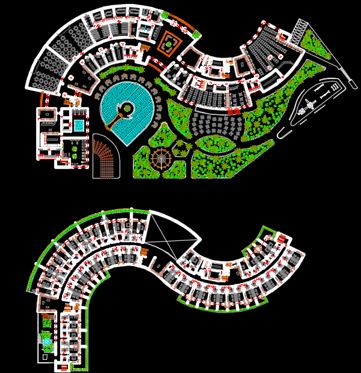 Curved Hotel Plans with Pool and Landscape